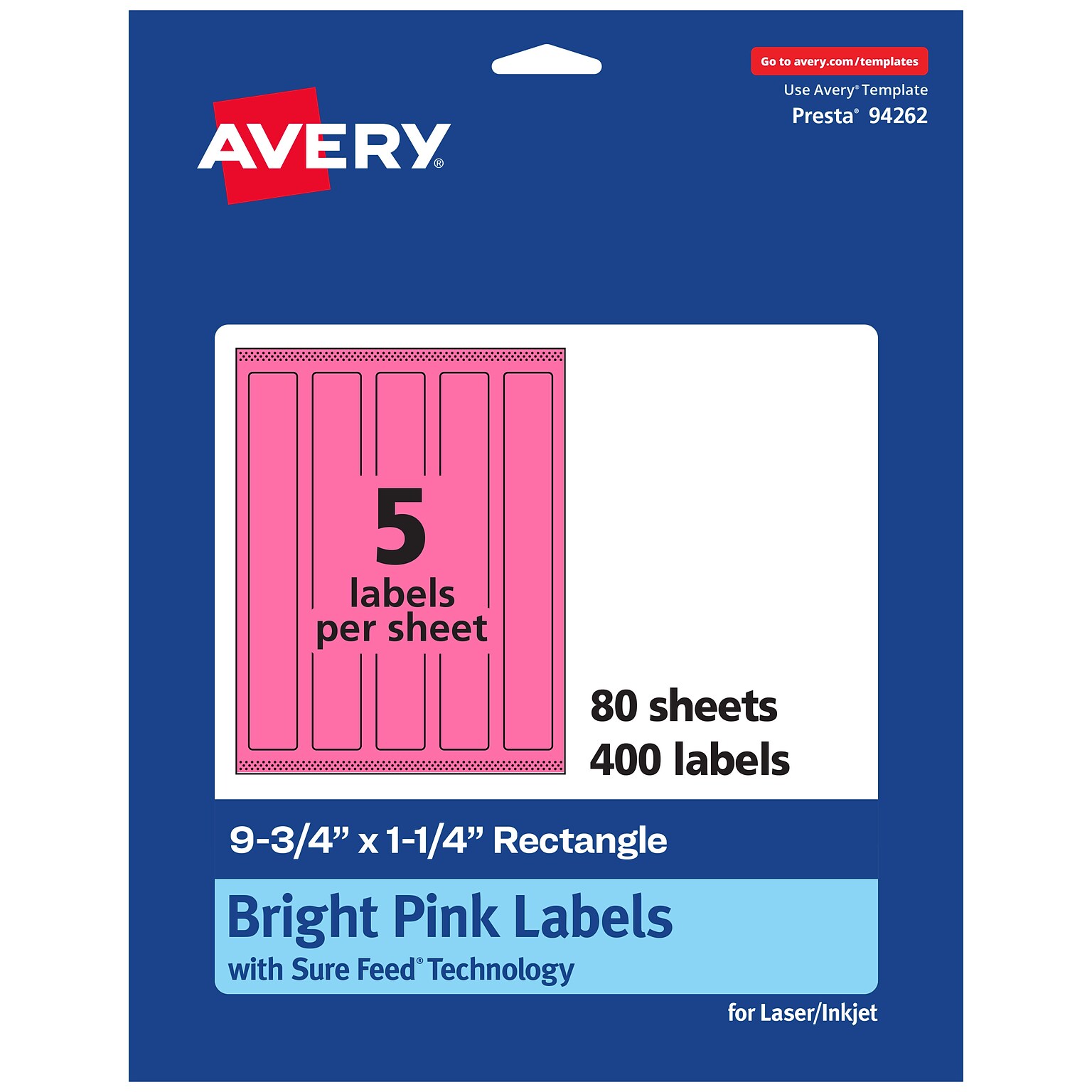 Avery Rectangle Laser/Inkjet Multipurpose Labels, 9.75 x 1.25, Bright Pink (400/Box)