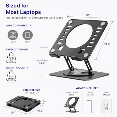 Uncaged Ergonomics Adjustable Swivel Laptop Stand for Desk, Steel, 360° Rotation, Up to 16", Black