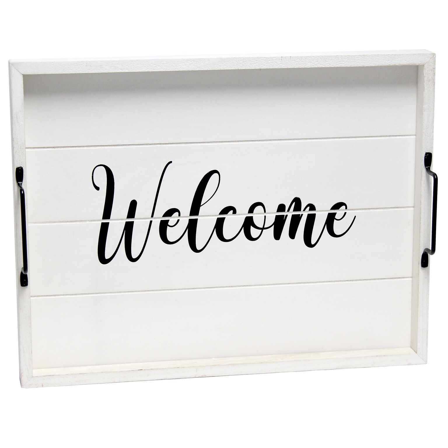 Elegant Designs Welcome Decorative Wood Serving Tray w/ Handles, 15.50 x 12, White Wash (HG2000-WWC)
