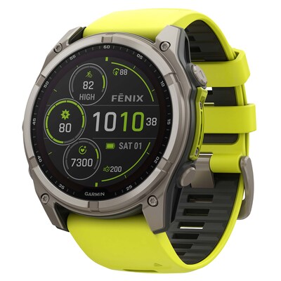 Garmin fenix 8 Multisport Sapphire Solar GPS Watch, 51-mm, Titanium Bezel with Amp Yellow/Graphite Band (010-02907-20)