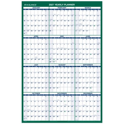 2027 AT-A-GLANCE 24 x 36 Yearly Dry Erase Wall Calendar, Reversible, White/Green (PM210-28-27)
