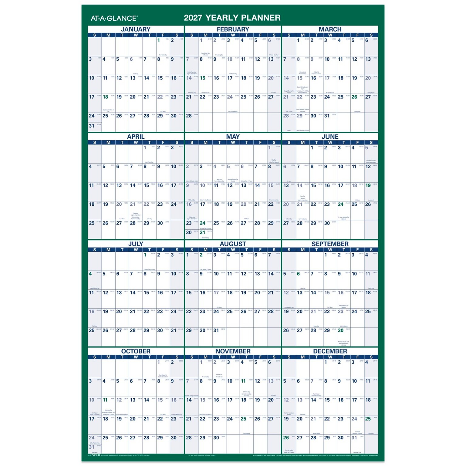 2027 AT-A-GLANCE 24 x 36 Yearly Dry Erase Wall Calendar, Reversible, White/Green (PM210-28-27)