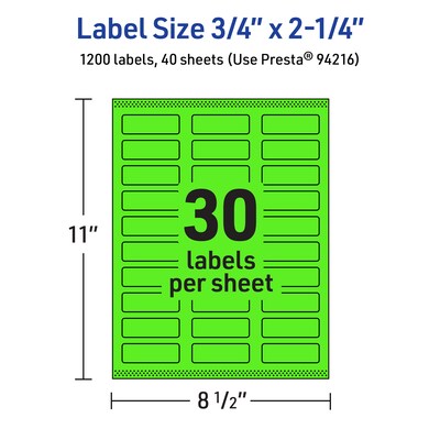Avery Laser/Inkjet Multipurpose Rectangle Labels, 0.75" x 2.25", Neon Green, 1200/Pack (94216)