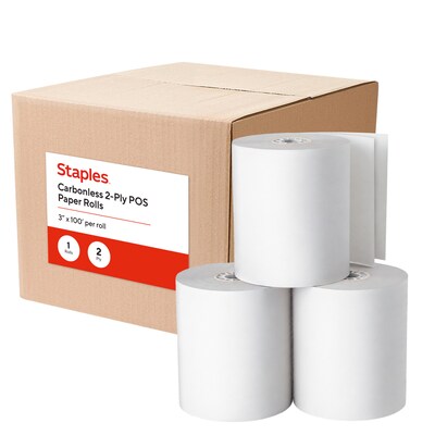 Staples Carbonless POS Roll 2-Ply White 3 x 100 Ft for Credit Card Terminals, 1 Roll