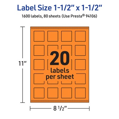 Avery Laser/Inkjet Multipurpose Square Labels, 1.5" x 1.5", Bright Orange, 1600/Box (94106)