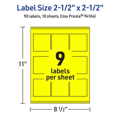 Avery Laser/Inkjet Square Multipurpose Labels, 2.5" x 2.5", Neon Yellow, 90/Pack (94104)