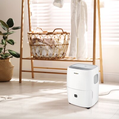 Whirlpool 23-Pint Portable Dehumidifier, 2-Speed, Covers up to 1500 sq. ft, White (WHAD201DW)