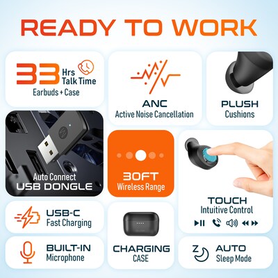 Delton T150 Wireless Active Noise-Canceling Bluetooth Stereo Earbuds with Auto-Pairing USB Dongle, Black (DBHT150)