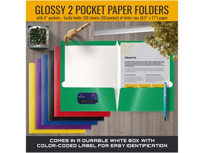 Better Office Glossy 2-Pocket Folder, Assorted Colors, 25/Pack (80195-25PK)