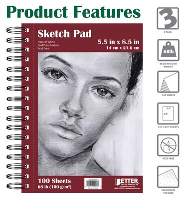 Better Office Products Spiral Bound Artist Sketch Book, 5.5" x 8.5", 100 Sheets Per Pad, Natural White, 3-Pack (01300-3PK)
