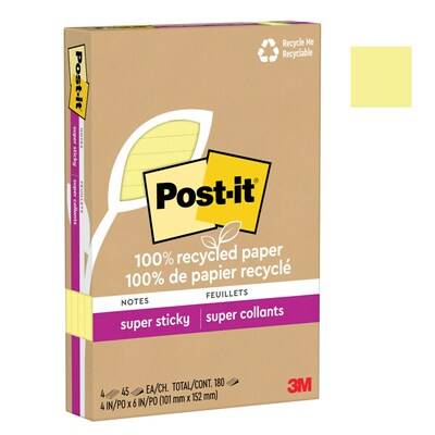 Post-it Recycled Super Sticky Notes, 4" x 6", Canary Collection, 45 Sheets/Pad, 4 Pads/Pack (4621R-4SSCY)