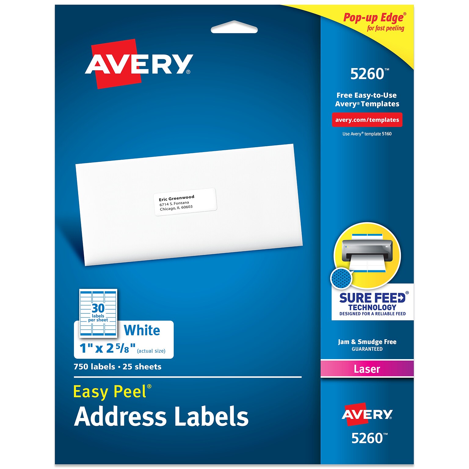 Avery Easy Peel Laser Address Labels, 1 x 2 5/8, Matte White, 750 Labels/Pack (5260)