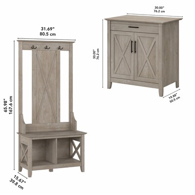 Bush Furniture Key West 66" Entryway Storage Set with Hall Tree, Shoe Bench, and Armoire Cabinet, Washed Gray (KWS055WG)