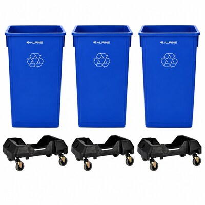 Alpine Industries Polypropylene Recycling Bin and Dolly, 69 Gallon, Blue, 3/Pack (ALP477-BLU-3PKD)