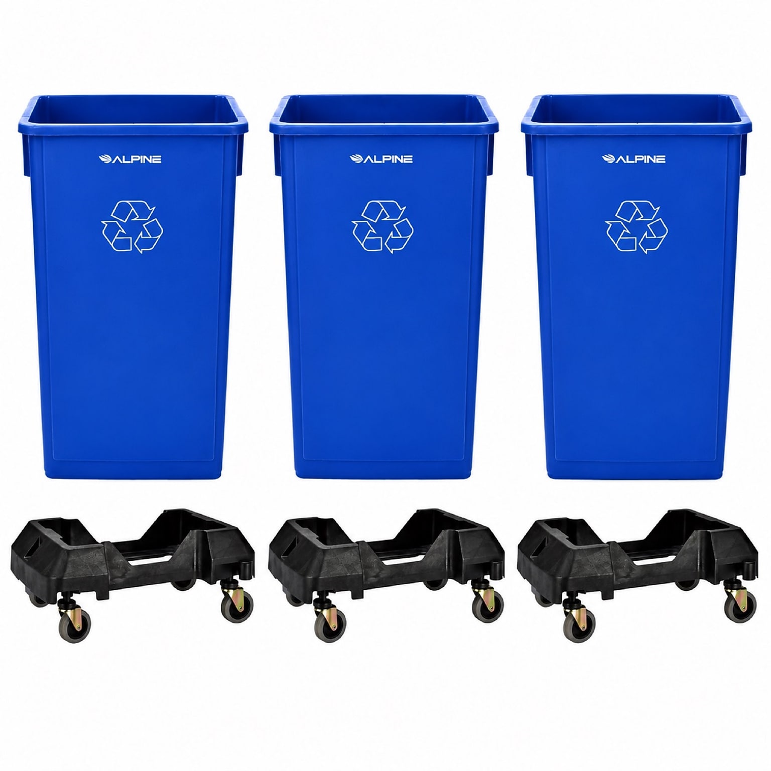 Alpine Industries Polypropylene Recycling Bin and Dolly, 69 Gallon, Blue, 3/Pack (ALP477-BLU-3PKD)