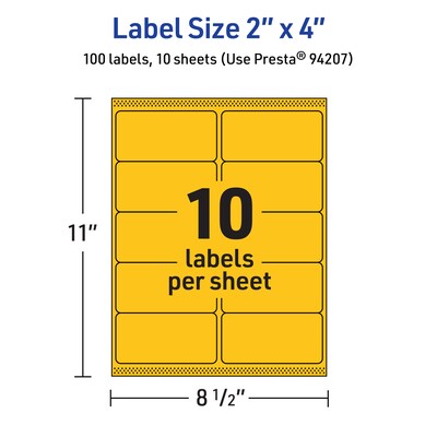 Avery Laser/Inkjet Rectangle Multipurpose Labels, 2" x 4", Bright Yellow, 100/Pack (94207)
