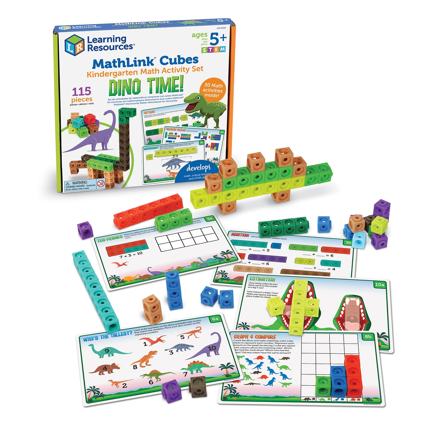 Learning Resources MathLink Cubes Kindergarten Math Activity Set: Dino Time!, Multicolor (LER 9330)