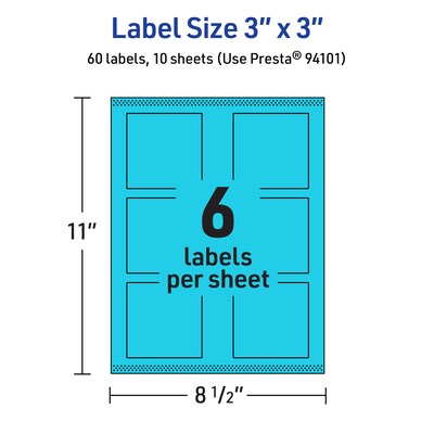 Avery Laser/Inkjet Multipurpose Square Labels, 3" x 3", Bright Blue, 60/Pack (94101)