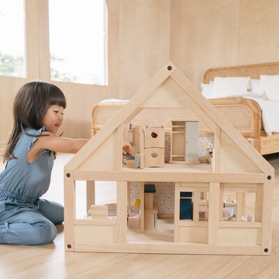 PlanToys Wooden My First Dollhouse, 24.5" x 16.6" x 22.6", Natural (PTS7110)