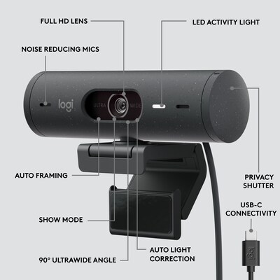 Logitech Brio 505 HD 1080p Webcam, 4 Megapixels, Graphite (960-001522)