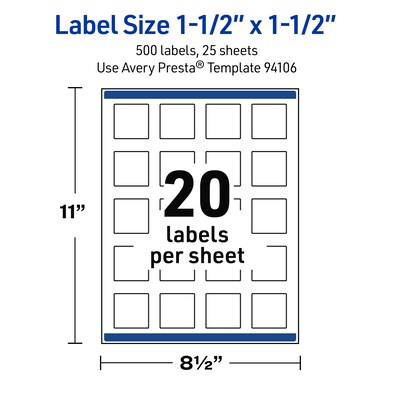 Avery Waterproof Square Laser Multipurpose Labels, 1.5" x 1.5", White, 500/Pack (19479399481)