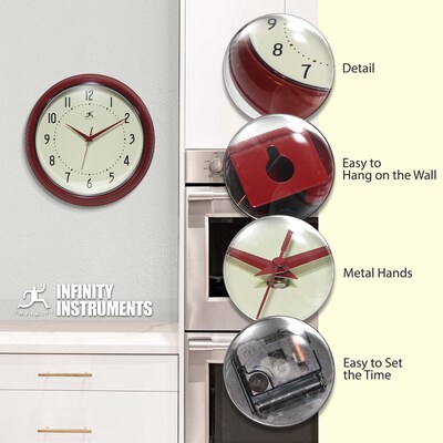 Infinity Instruments Round Retro Red Wall Clock, Aluminum, 15" (10940RD-15)
