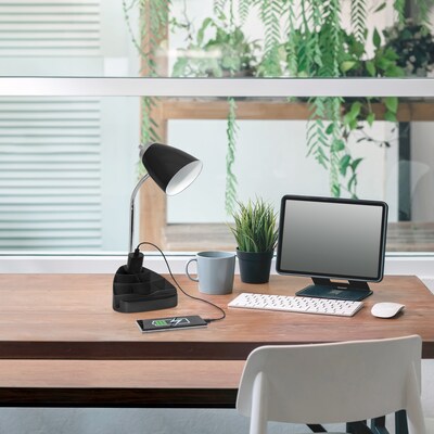 Simple Designs Gooseneck Organizer LED Desk Lamp, 18.50", with iPad Tablet Stand and Charging Outlet, Black (LD1057-BLK )