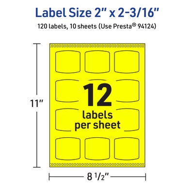 Avery Laser/Inkjet Arched Square Multipurpose Labels, 2" x 2-3/16", Neon Yellow, 120/Pack (94124)
