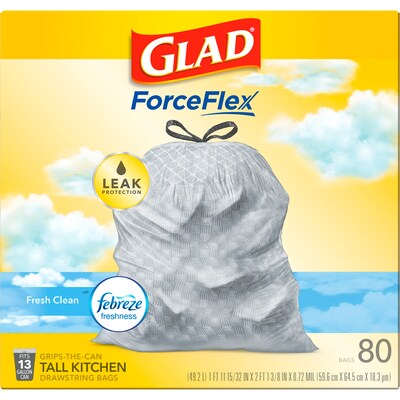 Glad OdorShield 13 Gallon Kitchen Trash Bag, 8.81 x 9.13, Low Density, 0.72 mil, Fresh Clean, Whit