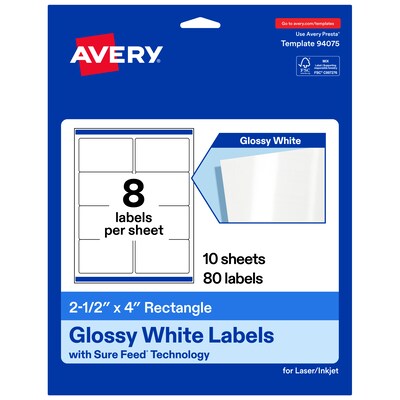 Avery Rectangle Laser/Inkjet Multipurpose Labels, White, 8 Labels/Sheet, 10 Sheets/Pack (19479311219)