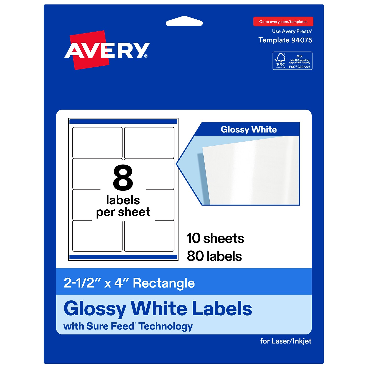 Avery Rectangle Laser/Inkjet Multipurpose Labels, White, 8 Labels/Sheet, 10 Sheets/Pack (19479311219)