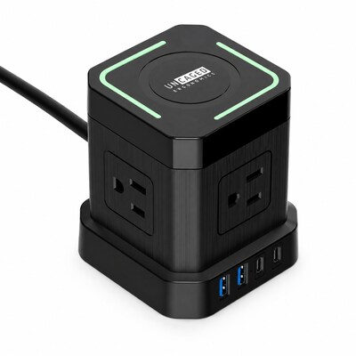 Uncaged Ergonomics Wireless Cube Power Strip with 15W Wireless Charger, 4 AC Outlets, 4 USB Ports, 10 Cord, Black (WC-10-B)