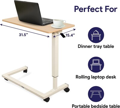 Medacure Adjustable Bedside Table w/ Wheels, 50 lb. Capacity, Light Oak (OB2845-LW)