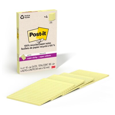 Post-it Recycled Super Sticky Notes, 4 x 6, Canary Collection, 45 Sheets/Pad, 4 Pads/Pack (4621R-4SSCY)