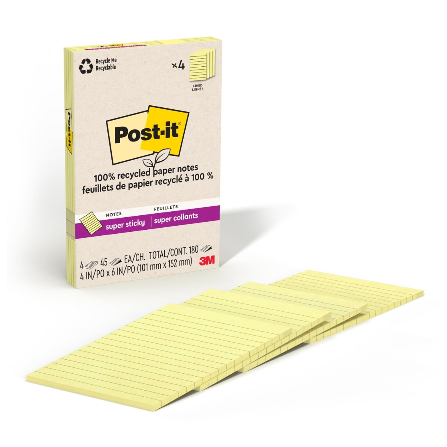 Post-it Recycled Super Sticky Notes, 4 x 6, Canary Collection, 45 Sheets/Pad, 4 Pads/Pack (4621R-4SSCY)