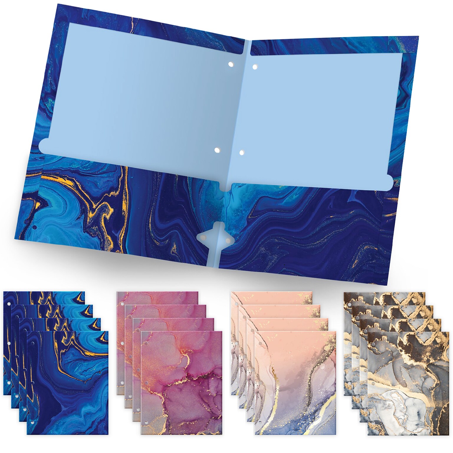 Global Printed Products Marble 3-Hole Punched 2 Pocket Presentation Folder, Assorted Colors, 16/Pack (GPP-0100-B)
