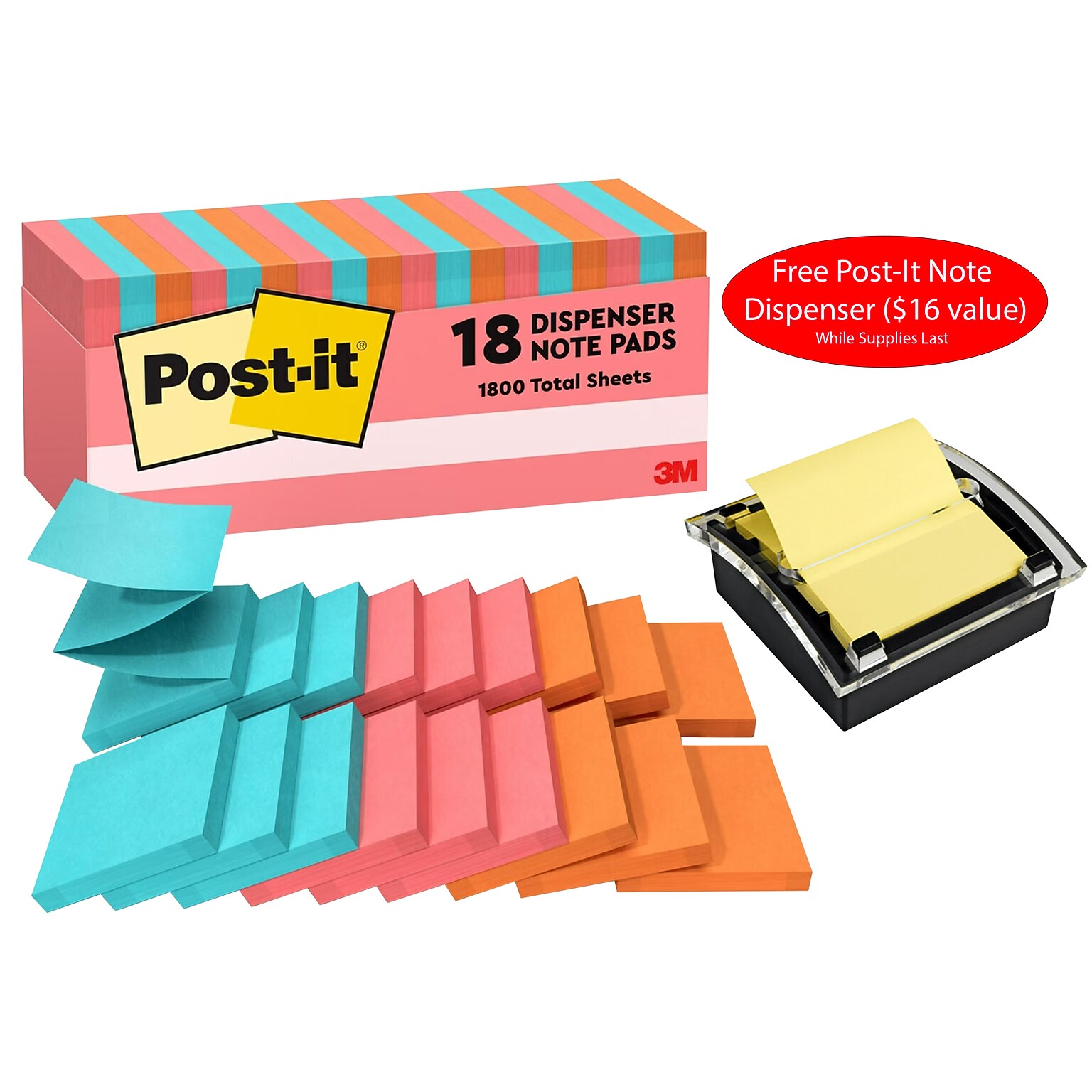 Free Post-It Note Dispenser ($16 value) ww/Purchase, 3 x 3 Pop Up Sticky Notes, Poptimistic,100 Sheet/Pad, 18 Pads/Pack