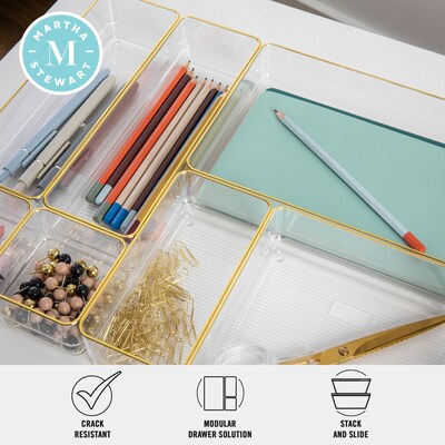 Martha Stewart Kerry Plastic Stackable Office Desk Drawer Organizer, Various Sizes, Clear/Gold, 8/Set (BEPB3371G8CGD)