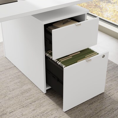Bush Business Furniture Stratus 60"W Electric L-Shaped Adjustable Standing Desk with Cabinet, White (SUT015WH)