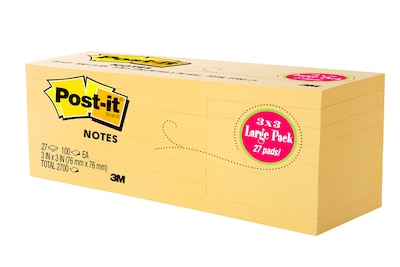 Post-it Sticky Notes, 3 x 3, Canary Collection, 100 Sheets/Pad (654-2700-YW)