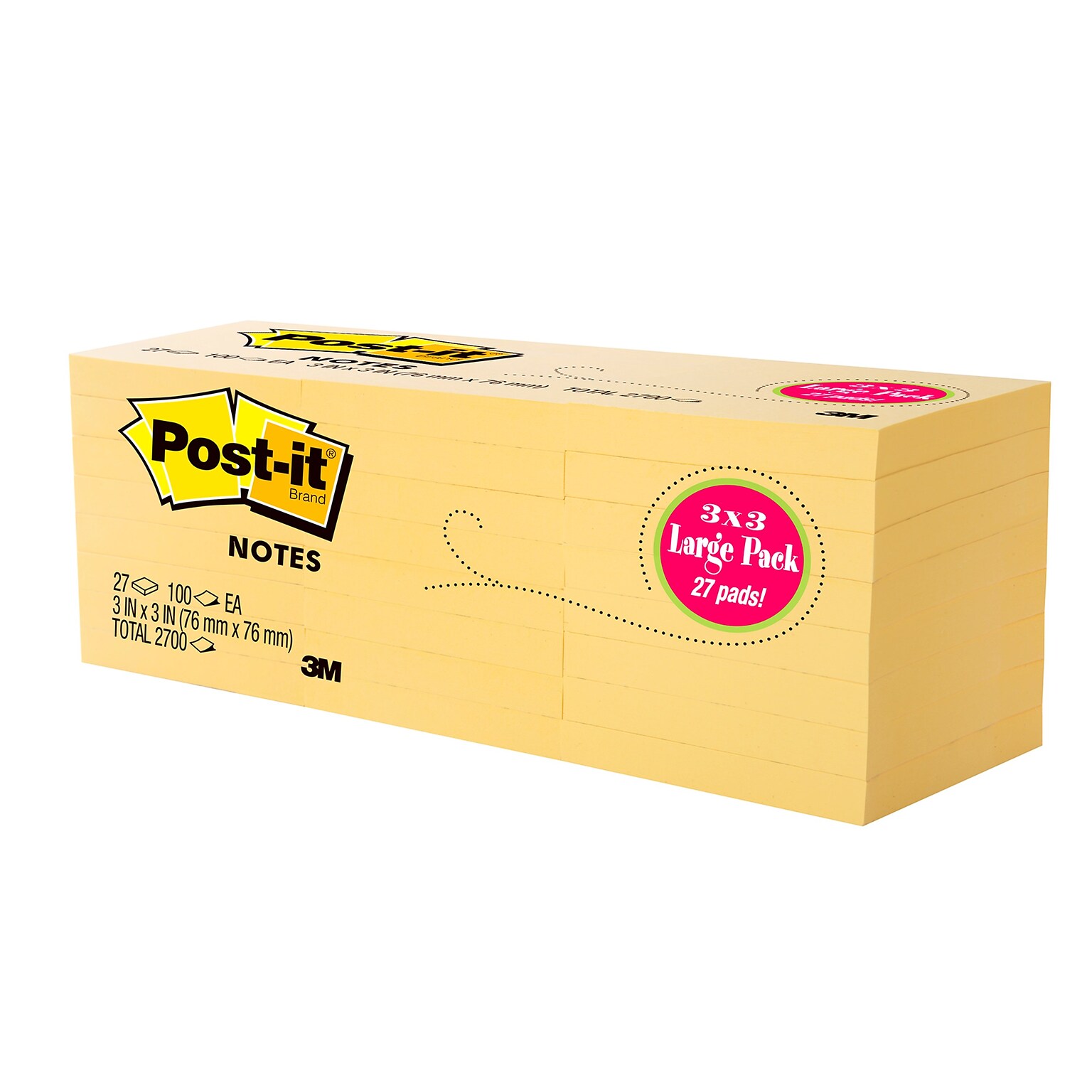 Post-it Sticky Notes, 3 x 3, Canary Collection, 100 Sheets/Pad (654-2700-YW)