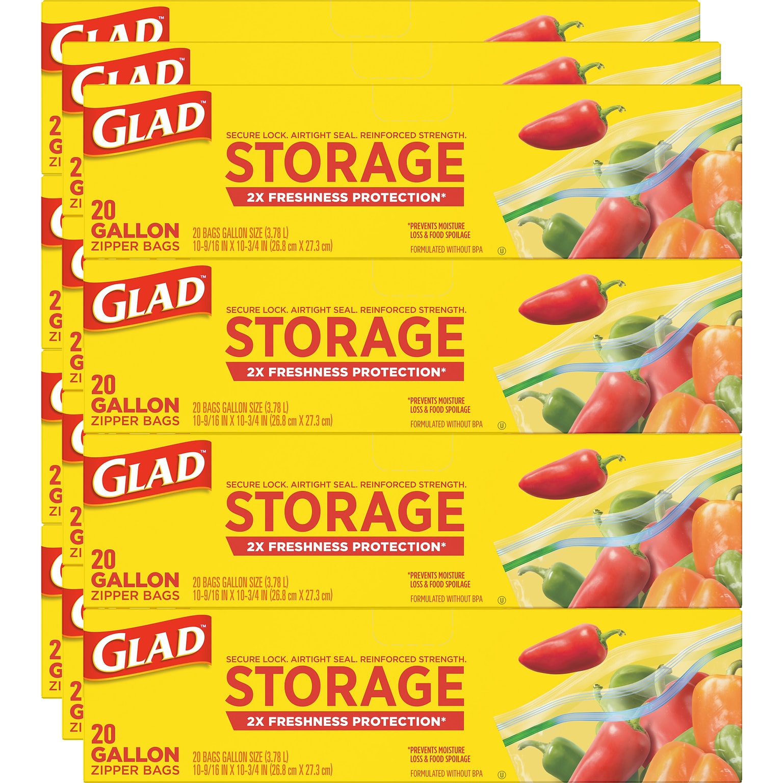 Glad Zipper Food Storage Bags, Gallon, 20 Bags/Box, 12/Carton (55050)