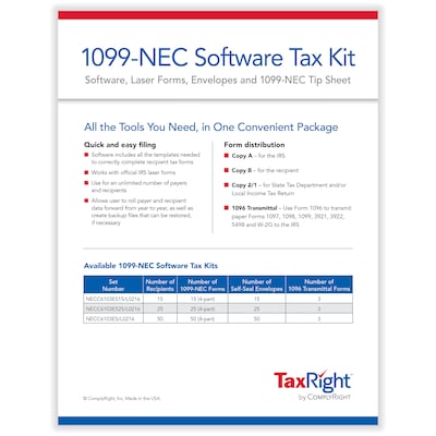 ComplyRight TaxRight 2024 1099-NEC Tax Form Tax Forms, Envelopes, TipSheet & Software, 4-Part, 50/Pa