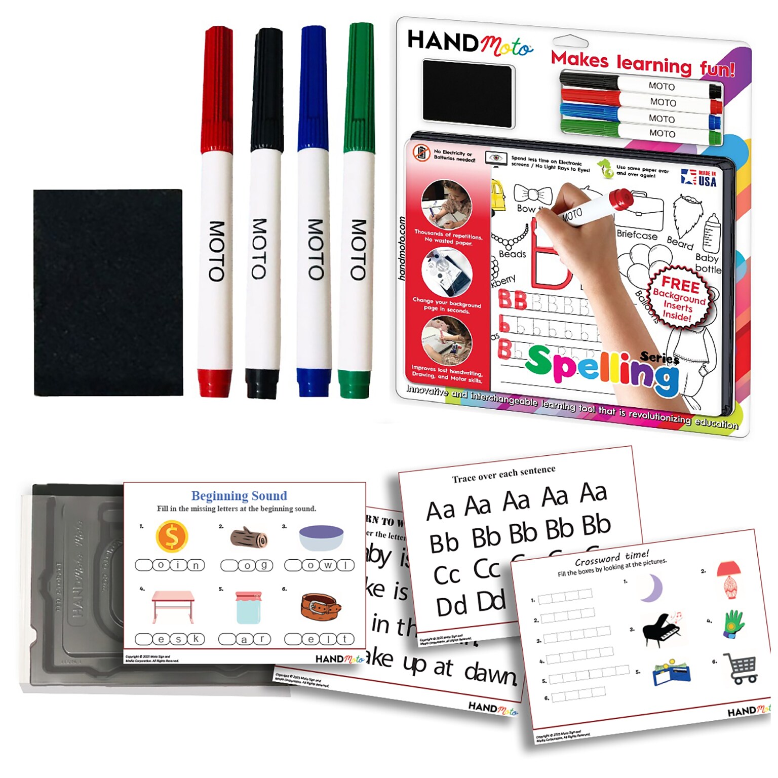 HandMoto Dry-Erase Learning Board, Spelling Series, 4 Markers & 10 Activity Sheets (HMOSPMO1)