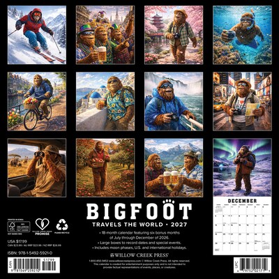 2027 Willow Creek Bigfoot Travels the World 12 x 12 Monthly Wall Calendar, Assorted Colors (59210)