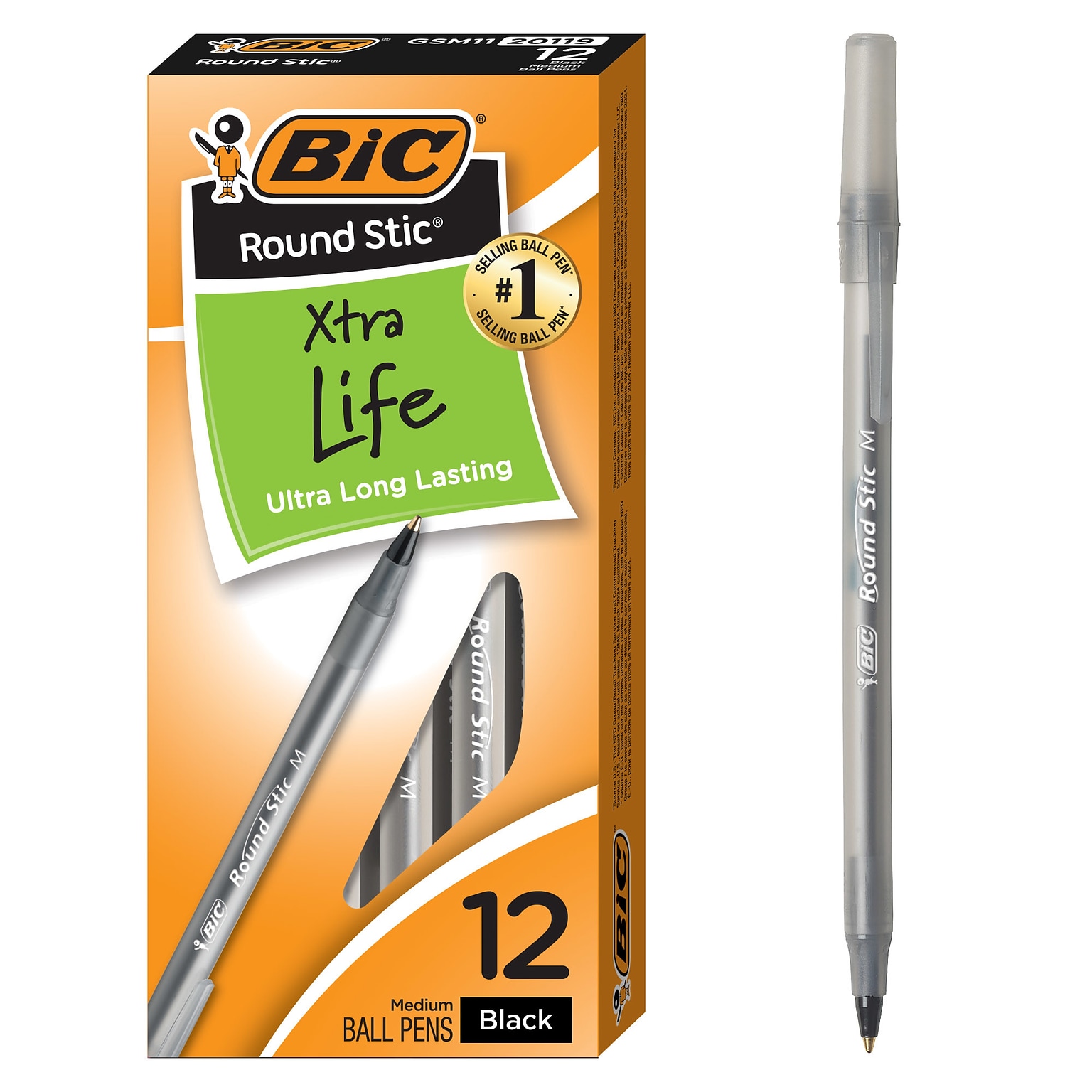BIC Round Stic Xtra-Life Ballpoint Pen, Medium Point, 1.0mm, Black Ink, Dozen (GSM11BK)