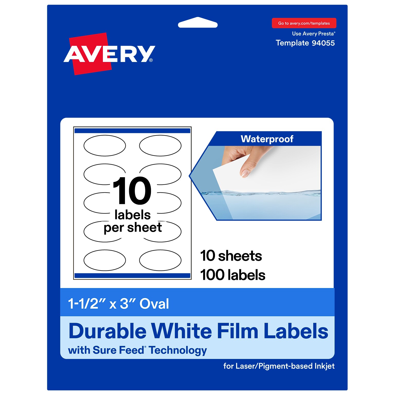 Avery Laser/Inkjet Oval  Waterproof Multipurpose Labels, 3  Dia, White, 100/Pack (94055)