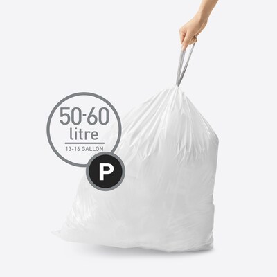 simplehuman Code P 13-16 Gallon Trash Bag, 50% PCR, 23.6 x 31.4, Low Density, 1.18 mil, White, 200 Total Bags (CW0578)