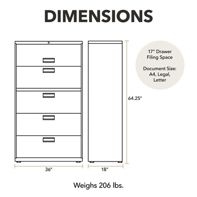 HON® Brigade 600 Series Lateral File Cabinet, A4/Legal/Letter, 5-Drawer, Charcoal, 19 1/4D (685LS)