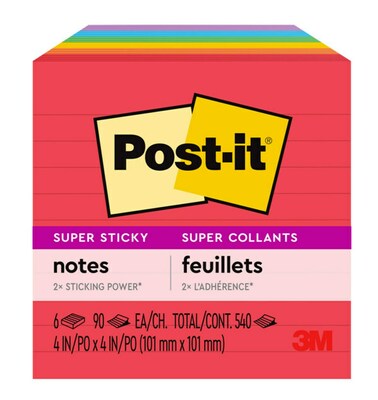 Post-it Super Sticky Notes, 4 x 4, Playful Primaries Collection, Lined, 90 Sheet/Pad, 6 Pads/Pack